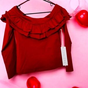NWT Lumiere Double Layer Ruffle Top, Deep Red, M